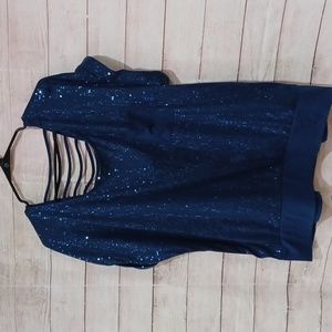 American Rag 2x Blue short sleeve sequin top with peekaboo back.